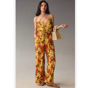 Farm Rio x Anthropologie Fruit Print Jumpsuit in Brown and Yellows size Large